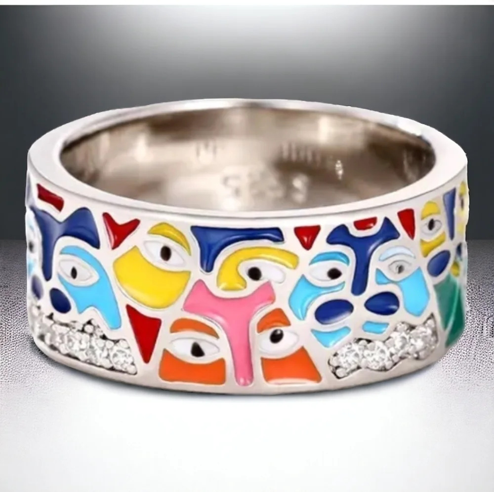 Abstract design zircon and enamel cat ring 6 7 8 9 10 - Picture 2 of 10